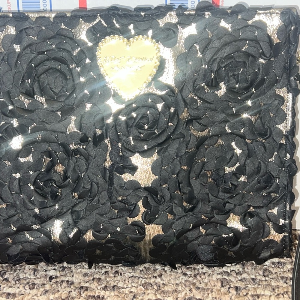 Betsey Johnson Black Lace Clutch with Gold Heart